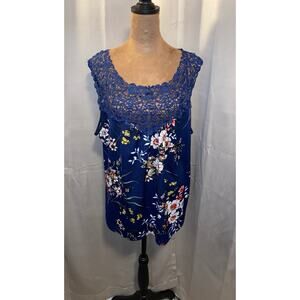 Mauve Blue Floral Lace Trim Tank Top Size 1X Sleeveless Boho Blouse EUC